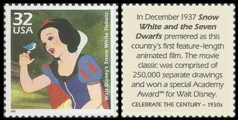 1998 Walt Disney's Snow White Debuts 1938 - Single 32c Postage Stamp - MNH, OG - Scott 3185h