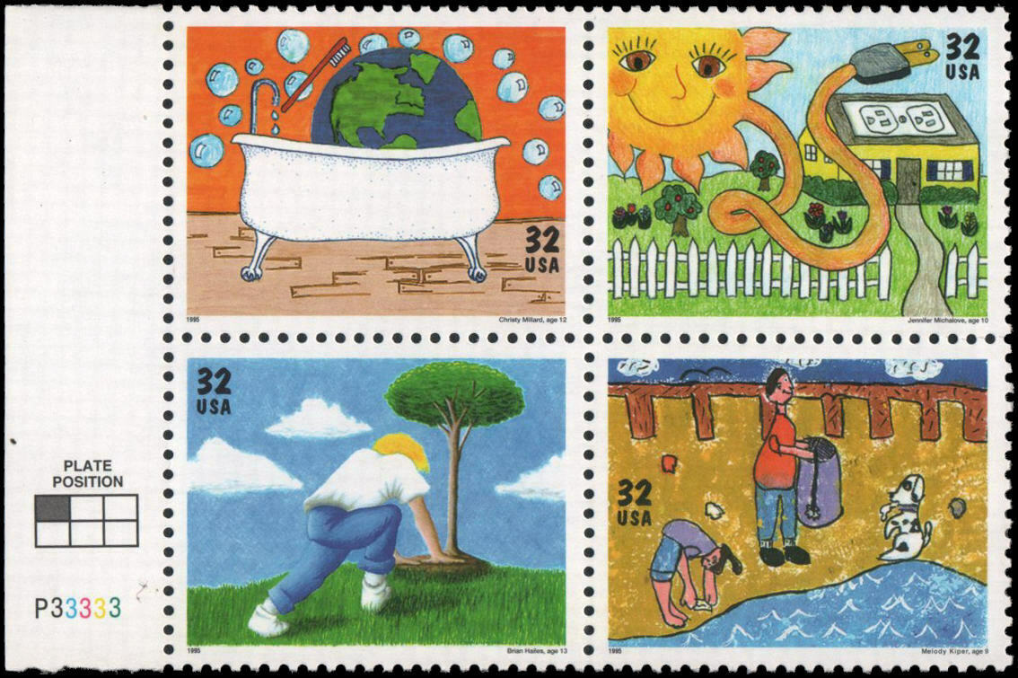 1995 Earth Day Kids Care Plate Block of 4 32c Postage Stamps - MNH, OG - Scott 2954