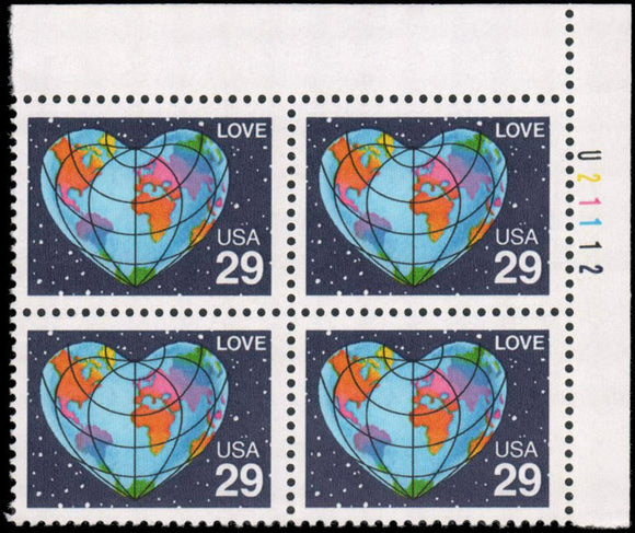 1991 Love Heart Shaped Globe Plate Block of 4 29c Postage Stamps - MNH, OG - Sc# 2535