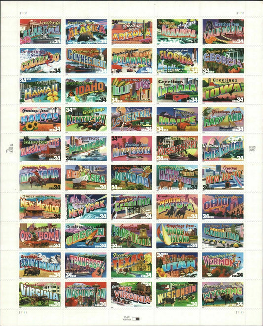 2002 Greetings From America Full Sheet Of 50 34c Postage Stamps - Scott 3561-3610 - MNH, OG - CX56