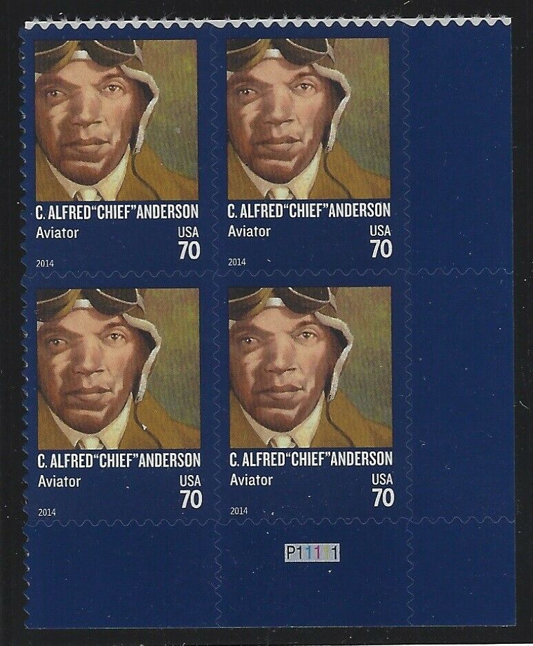 2014 C. Alfred "Chief" Anderson Black Heritage Plate Block of 4 70c Postage Stamps - MNH, OG - Scott 4879