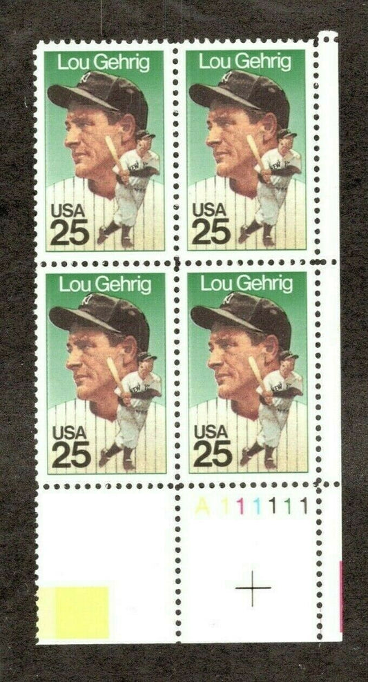 1989 Lou Gehrig Plate Block of 4 25c Stamps - MNH, OG - Scott 2417 - CX895