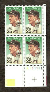 1989 Lou Gehrig Plate Block of 4 25c Stamps - MNH, OG - Sc# 2417 - CX895