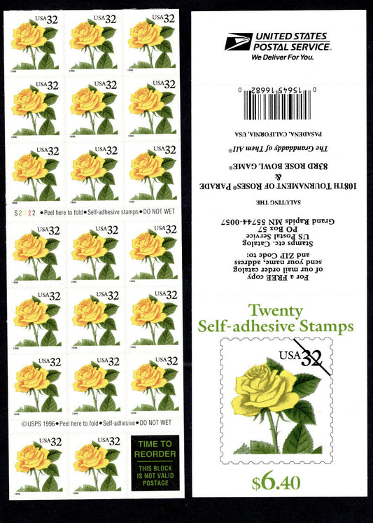 1996 Yellow Rose Pane Of 20 32c Postage Stamps - Scott 3049 - MNH, OG - CX16