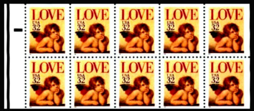 1995 Love Cupid Valentine's Booklet Pane of 10 32c Postage Stamps - MNH, OG - Scott 2959
