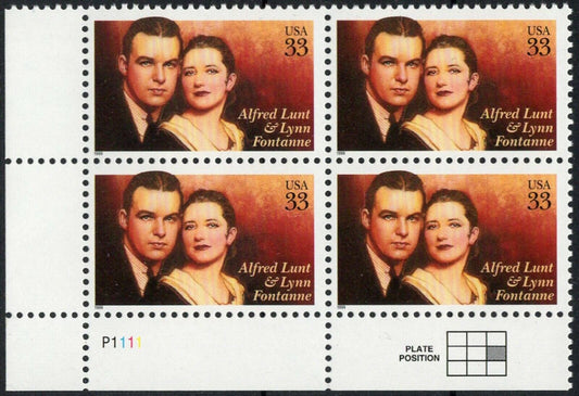1999 Alfred Lunt & Lynn Fontanne Plate Block Of 4 33c Postage Stamps Scott 3287 - MNH, OG - CWA10