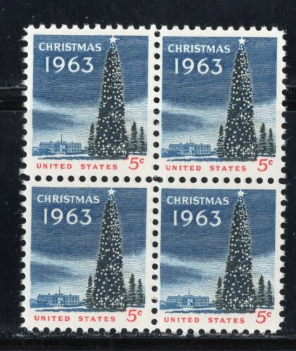 1963 Whitehouse Christmas Tree Block of 4 5c Postage Stamp - MNH, OG - Scott 1240`- CX219b