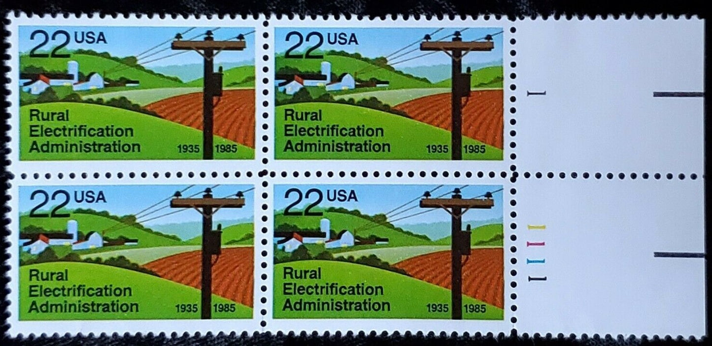 1985 Rural Electrification Admin Plate Block Of 4 22c Postage Stamps - MNH, OG - Scott2144