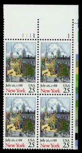 1988 - New York - Constitution Ratification Plate Block Of 4 25c Stamps - Sc# 2346 - MNH, OG - CW321a