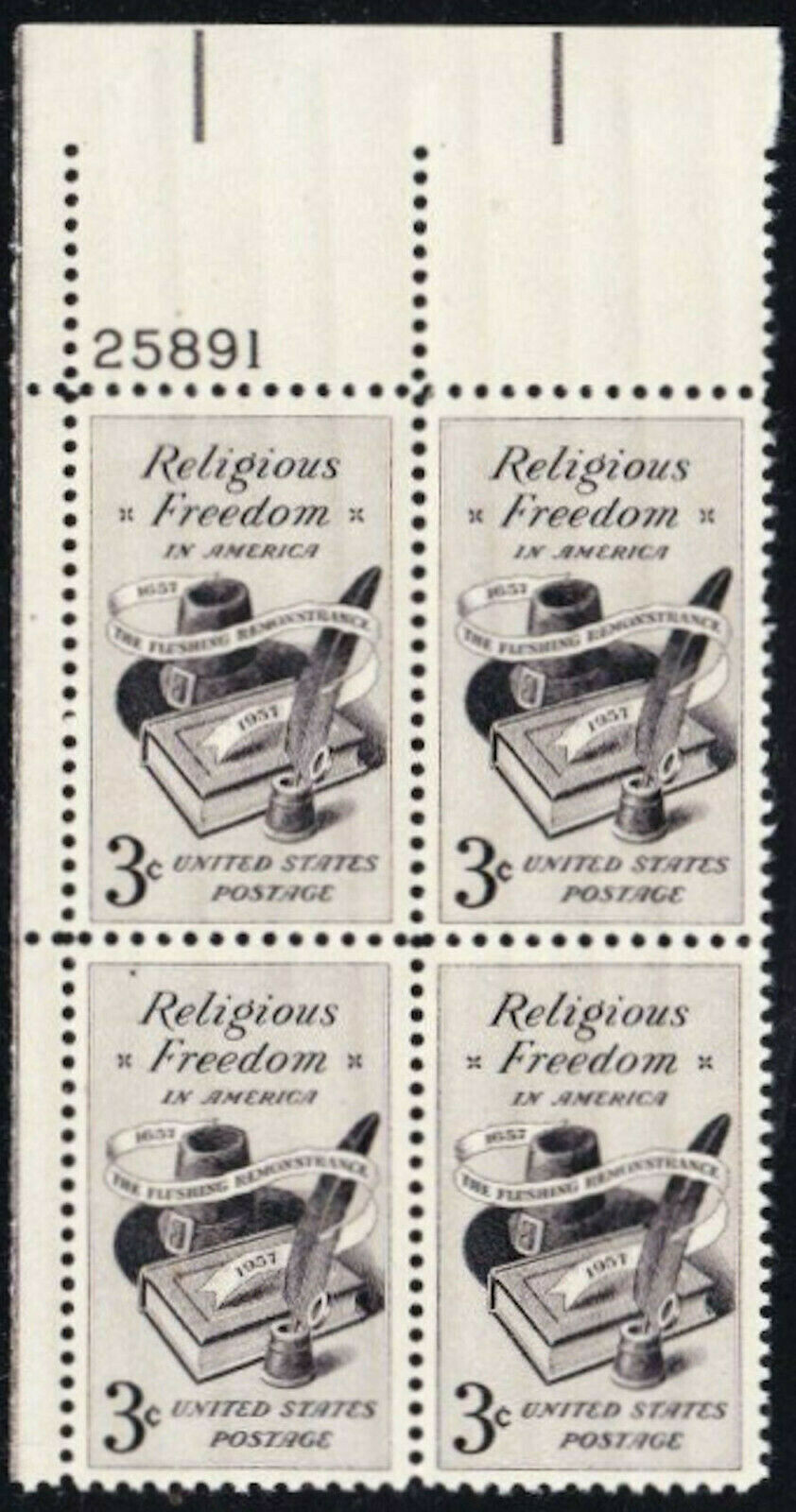1957 Religious Freedom Plate Block of 4 3c Stamps - MNH, OG - Scott# 1099 - CX902