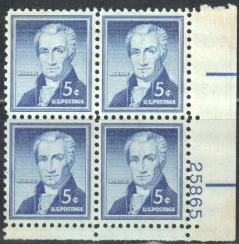 1954-68 President James Monroe Plate Block Of 4 5c Postage Stamps - Scott 1038 - MNH, OG - CX570