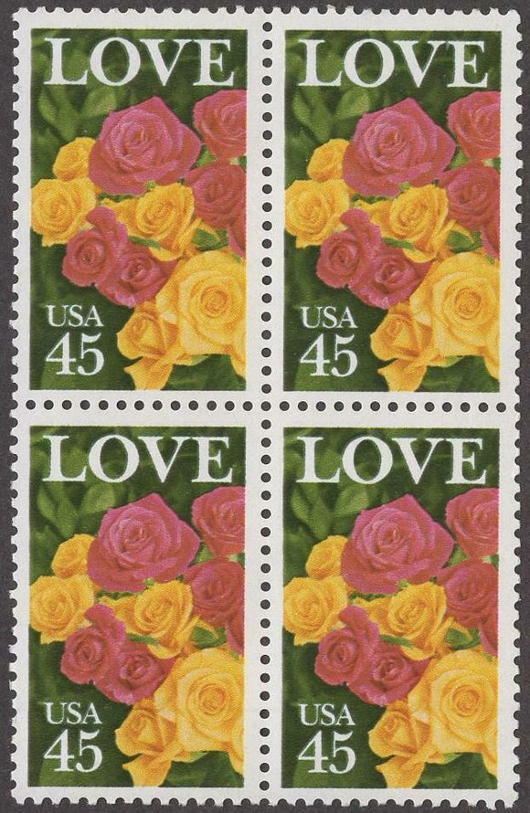 1988 Roses Love Issue Block of 4 45c Postage Stamps - MNH, OG - Sc# 2379