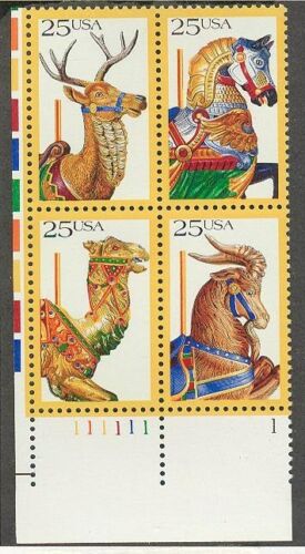 1988 Carousel Animals Plate Block Of 4 25c Postage Stamps - Sc# 2390-2393 - MNH, OG - CW324b