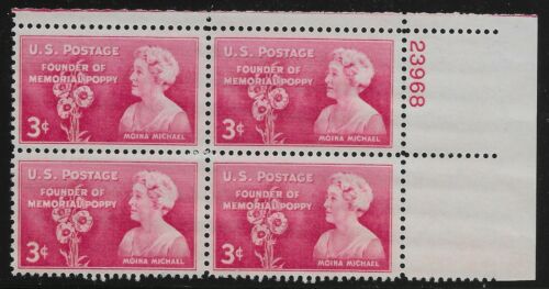 1948 Moina Michael Memorial Poppy Founder Plate Block of 4 3c Postage Stamps - MNH, OG - Scott 977