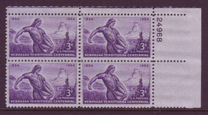 1954 Nebraska Territory Centennial Plate Block of 4 3c Postage Stamps - MNH, OG - Sc# 1060