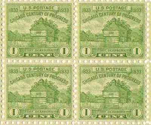 1933 Fort Dearborn Block of  4  1c  Postage Stamps  -Sc#728 - MNH,OG