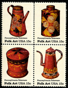 1979 Folk Art Plate Block Of 4 15c Postage Stamps - Sc# 1775-1778 - MNH, OG - CW29b