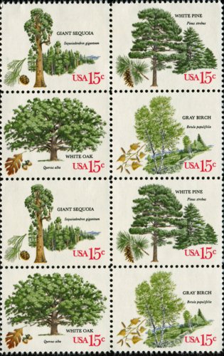 1978 AMERICAN TREES - WHITE OAK - GRAY BIRCH - SEQUOIA - WHITE PINE - Block of 8 x 15c Postage Stamps - Scott1764-1767