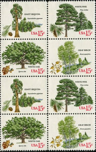 1978 AMERICAN TREES - WHITE OAK - GRAY BIRCH - SEQUOIA - WHITE PINE - Block of 8 x 15c Postage Stamps - Sc#1764-1767