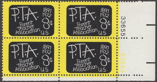 1972 PTA Parent Teacher Association Plate Block Of 4 8c Postage Stamps - Scott 1463 - MNH, OG - CX554