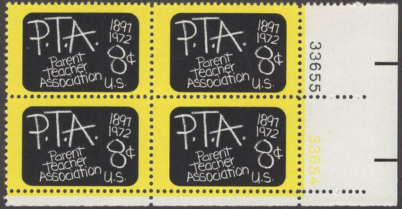 1972 PTA Parent Teacher Association Plate Block Of 4 8c Postage Stamps - Sc# 1463 - MNH, OG - CX554