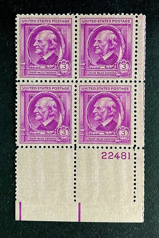 1940 Ralph Waldo Emerson Plate Block of 4 3c Postage Stamps - Scott 861 - MNH,OG