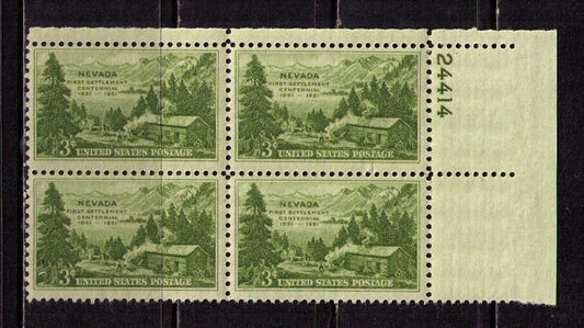 1951 Nevada First Settlement Plate Block of 4 3c Postage Stamps - MNH, OG - Scott 999 - CX917