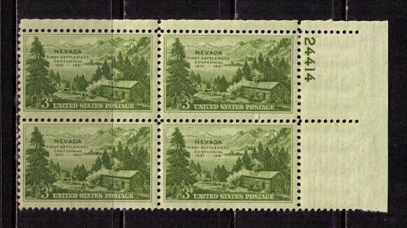 1951 Nevada First Settlement Plate Block of 4 3c Postage Stamps - MNH, OG - Sc# 999 - CX917