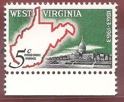 1963 West Virginia Statehood Single 5c Postage Stamp  -  Scott 1232 -  MNH,OG