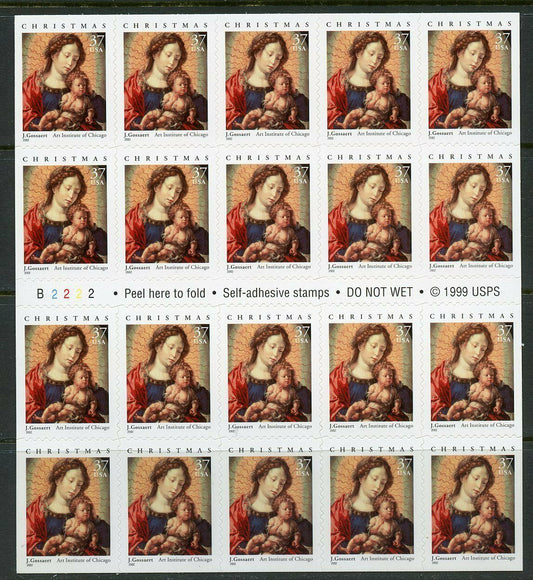 2002 Christmas Madonna & Child By Gossaert Booklet Of 20 37c Postage Stamps - Scott 3675a - DG112