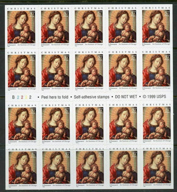 2002 Christmas Madonna & Child By Gossaert Booklet Of 20 37c Postage Stamps - Sc# 3675a - DG112