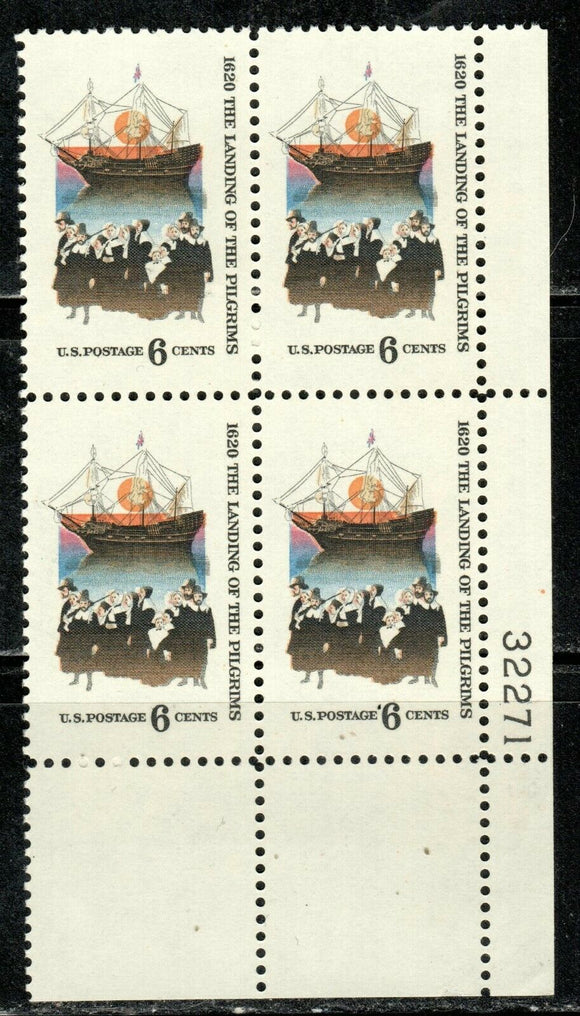 1970 Landing Of The Pilgrims In 1620 - Thanksgiving - Plate Block Of 4 6c Postage Stamps - Sc# 1420 - MNH, OG - CX518