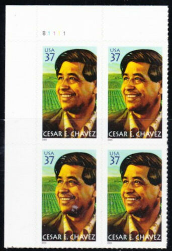 2003 Cesar E. Chavez Plate Block of 4 37c Postage Stamps - MNH, OG - Scott 3781