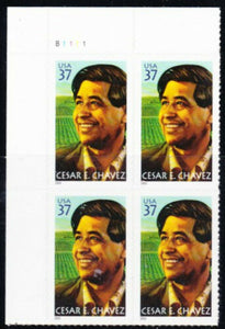 2003 Cesar E. Chavez Plate Block of 4 37c Postage Stamps - MNH, OG - Sc# 3781