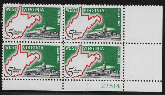 1963 West Virginia Statehood Plate Block Of 4 5c Postage Stamps - MNH, OG - Scott 1232`- CX272
