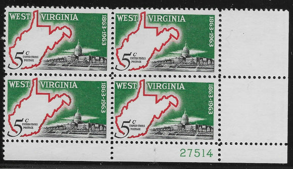 1963 West Virginia Statehood Plate Block Of 4 5c Postage Stamps - MNH, OG - Sc# 1232`- CX272