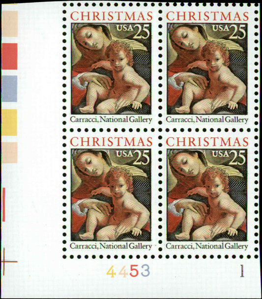1989 Christmas Madonna & Child By Carracci Plate Block Of 4 25c Postage Stamps - Scott 2427 - MNH - CW368b