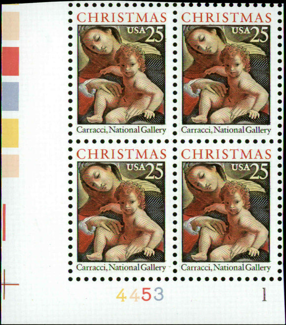 1989 Christmas Madonna & Child By Carracci Plate Block Of 4 25c Postage Stamps - Sc# 2427 - MNH - CW368b