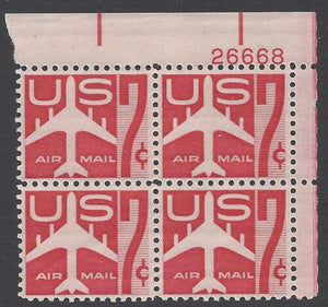 1960 Transport Plane Plate Block Of 4 7c Airmail Postage Stamps - Sc# C60 -  MNH,OG