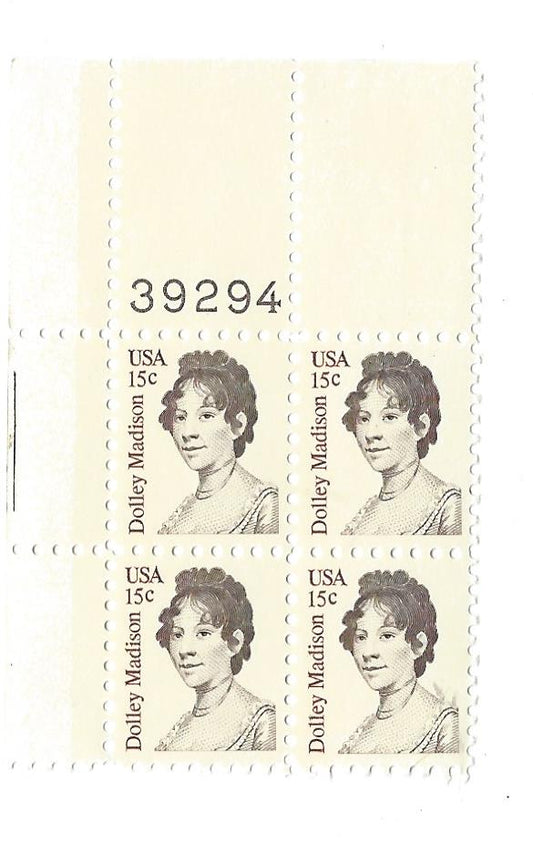 1980 Dolly Madison Plate Block Of 4 15c Postage Stamps - MNH, OG -Scott 1822`- CX227