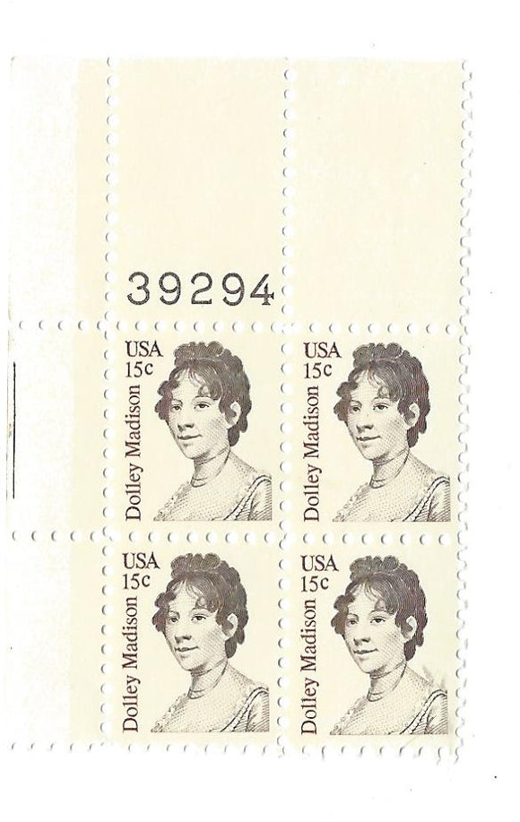 1980 Dolly Madison Plate Block Of 4 15c Postage Stamps - MNH, OG -Sc# 1822`- CX227