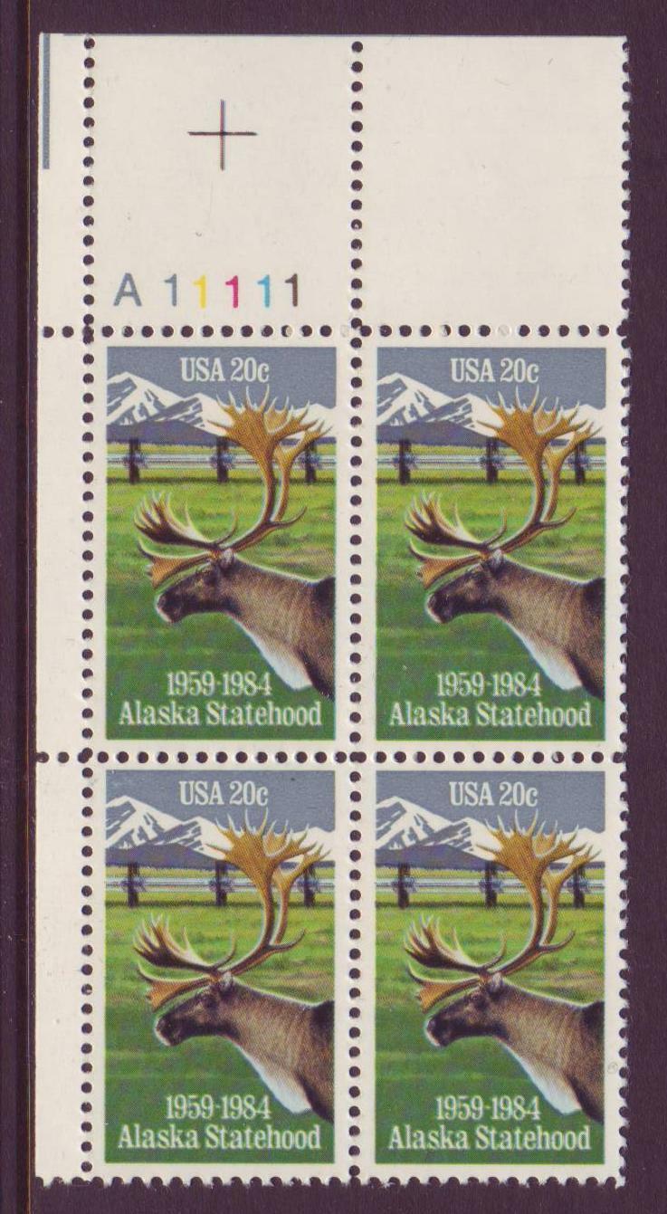 1984 Alaska Statehood Plate Block of 4 20c Postage Stamps - MNH, OG - Scott 2066