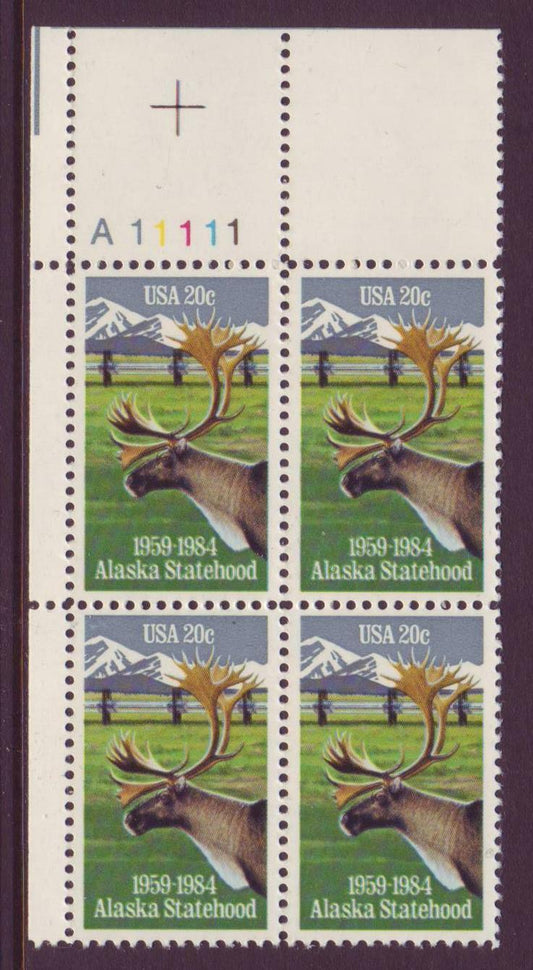 1984 Alaska Statehood Plate Block of 4 20c Postage Stamps - MNH, OG - Scott 2066