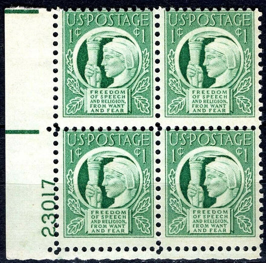 1943 Freedom Of Speech and Religion Plate Block of 4 1c Postage Stamps - MNH, OG - Scott 908