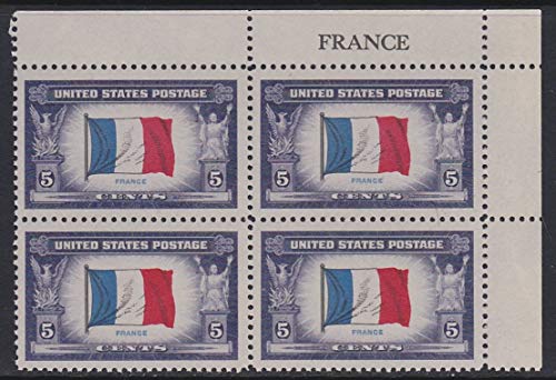 1943 Flag of France Block of 4 5c Postage Stamps, - Sc#915 -  MNH,OG