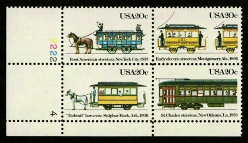 1983 USA Streetcars Plate Block Of 4 20c Postage Stamps - Sc 2059-2062 - CW212a