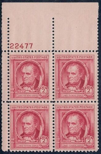 1940 James Fenimore Cooper Plate Block Of 4 2c Postage Stamps - Scott 860 - MNH,OG