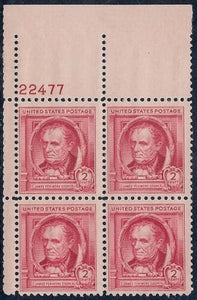 1940 James Fenimore Cooper Plate Block Of 4 2c Postage Stamps - Sc# 860 - MNH,OG