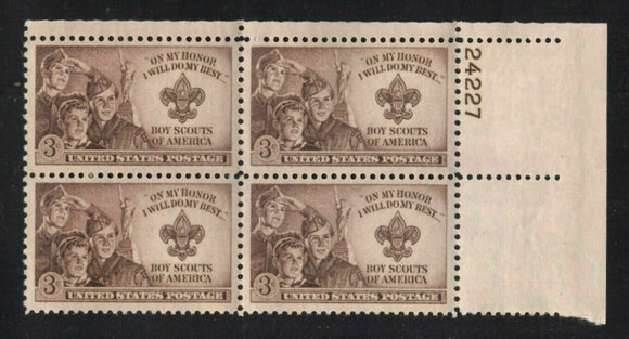 1950 Boy Scouts Plate Block of 4 3c Postage Stamps - MNH, OG - Scott# 995 - CX910