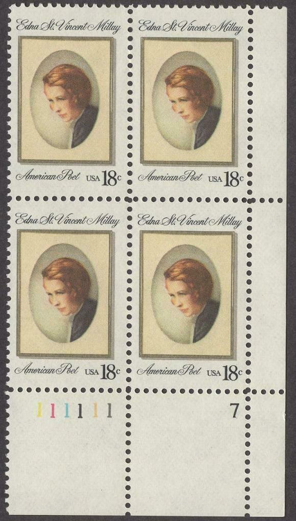 1981 Edna Millay, Poet Playwright Plate Block Of 4 18c Postage Stamps - Sc 1926 - MNH - CW476a